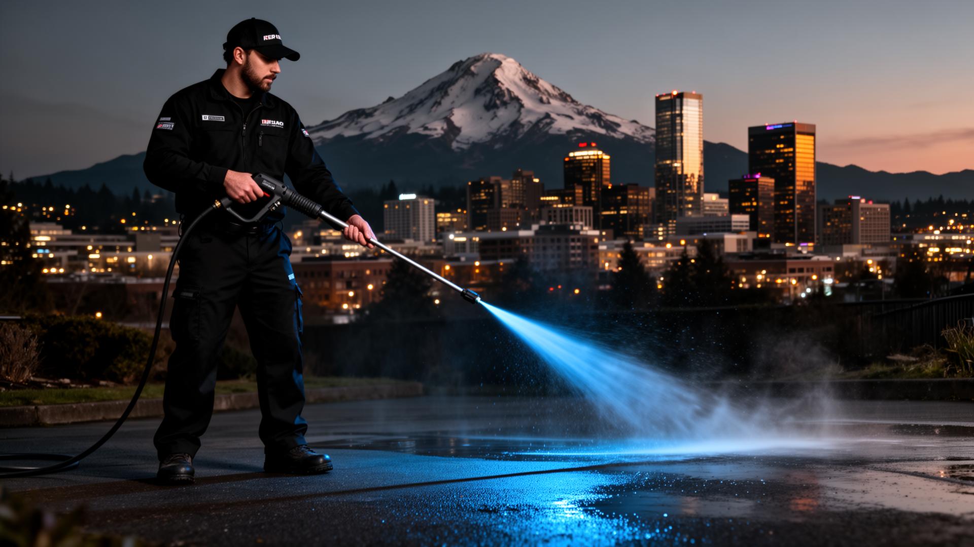 Pressure washing in Portland with Mount Hood